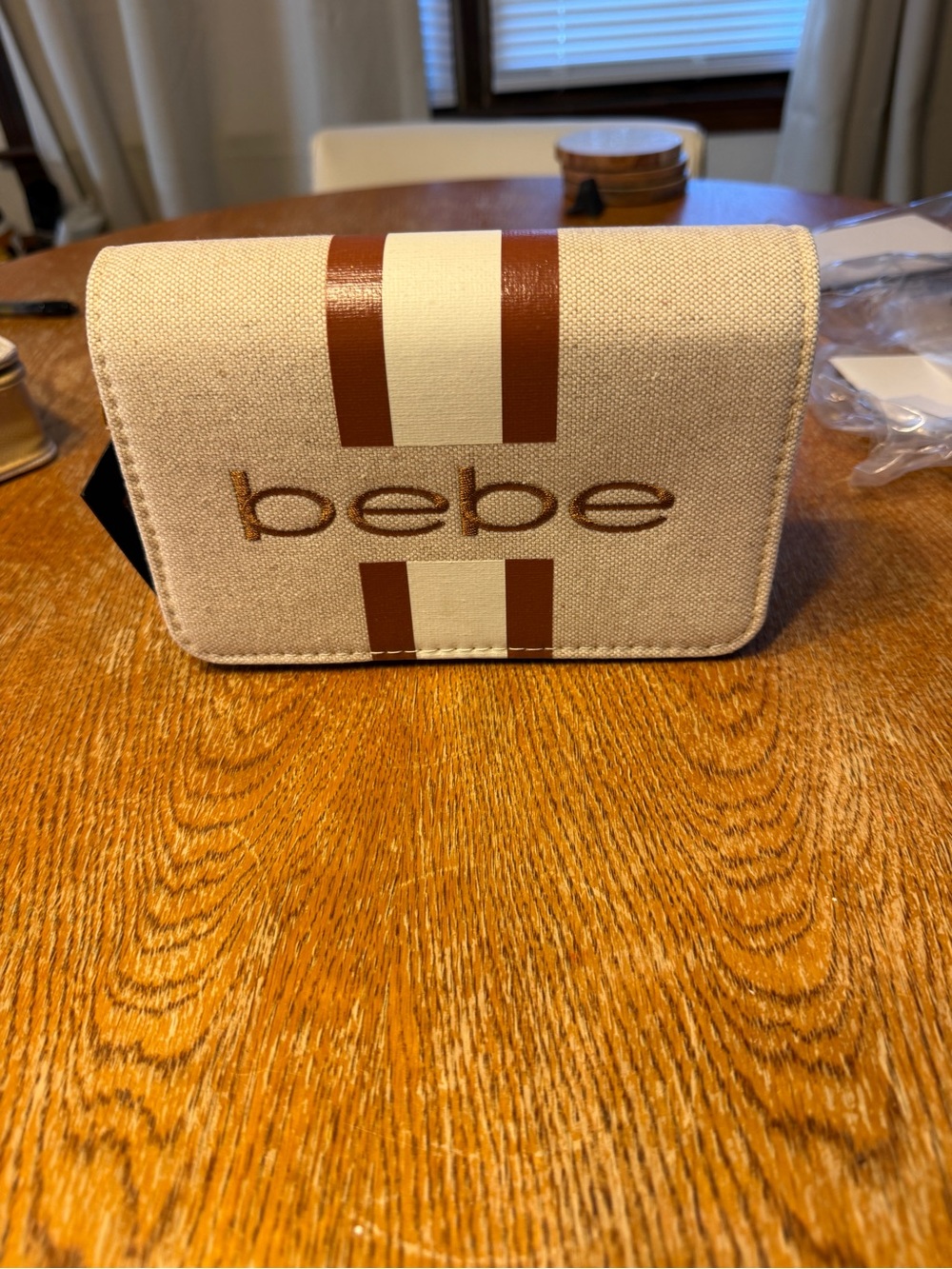 bebe Tan Canvas Crossbody with Brown and Cream Stripes